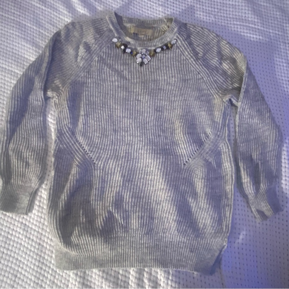 Loft Sweater Crew Womens Size Medium M Jewel Neckline Cotton Gray Grey Shirt